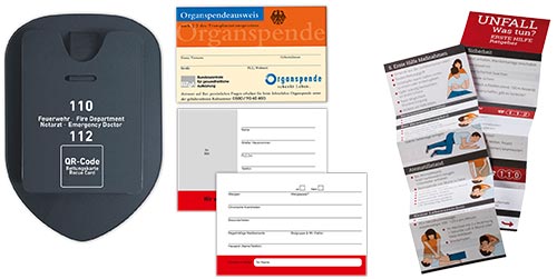 Lieferumfang Rettungskartenhalterung: Notfallkarte mit Organspendeausweis + Unfallratgeber