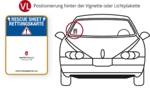Die Positionierung der Rettungskartenhalterung im Auto - Frontscheibe - Vignette, Lichtplakette